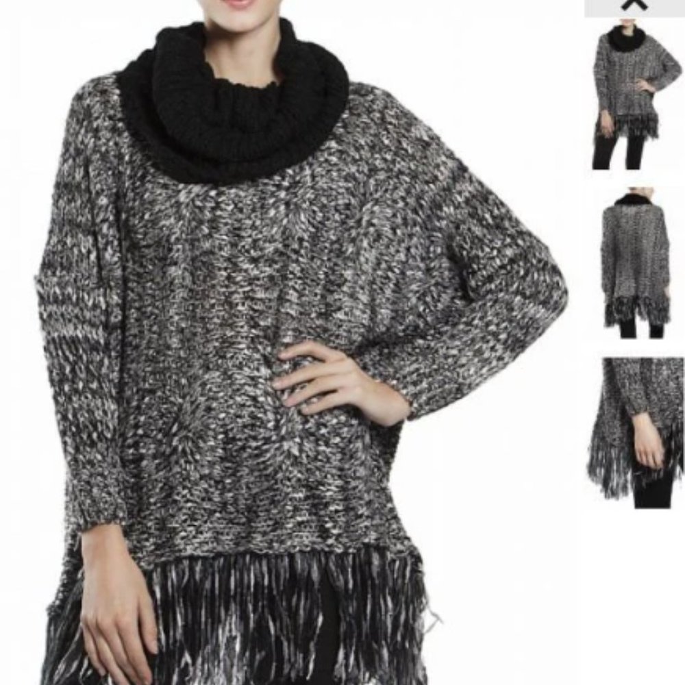 Cowl Neck Black and White Fringe Trim Boutique Collection Sweater